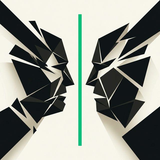 Two angular geometric shapes facing each other with a mediating green line between them, representing dispute resolution