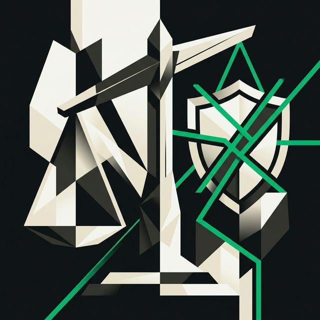 Geometric scales of justice with shield and green accent lines representing HOA board ethics
