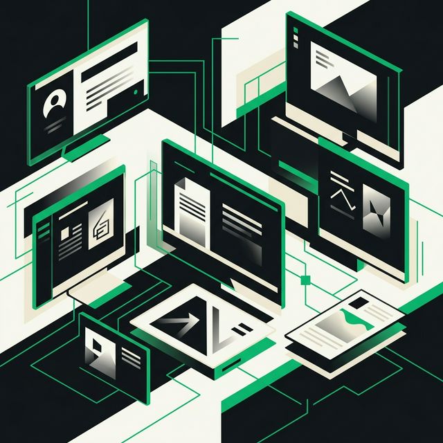 A geometric video-call grid of board member tiles with one tile resolving into a ballot, representing a vote taken in a virtual HOA board meeting