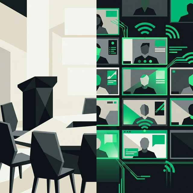 A hybrid meeting drawn as a room of seat markers joined to a column of remote participant tiles, with a separate ballot lane running alongside