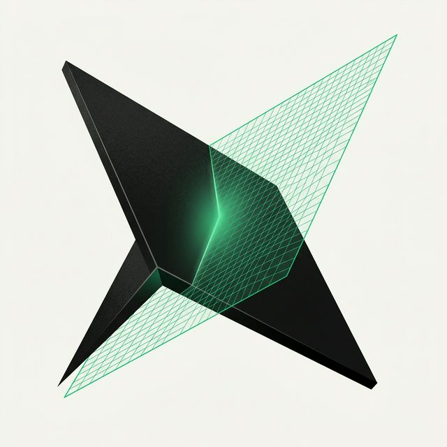 A physical meeting room and a video-call grid drawn as two intersecting geometric planes, showing remote and in-person attendance counted as one meeting