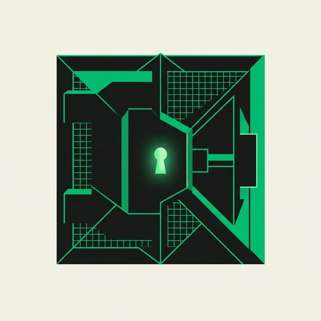 Geometric vault door with green accent grid lines and glowing keyhole representing voter data protection