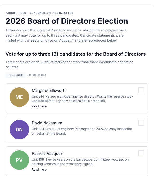 A board of directors ballot: three candidate cards with statements and a select-up-to-three rule.