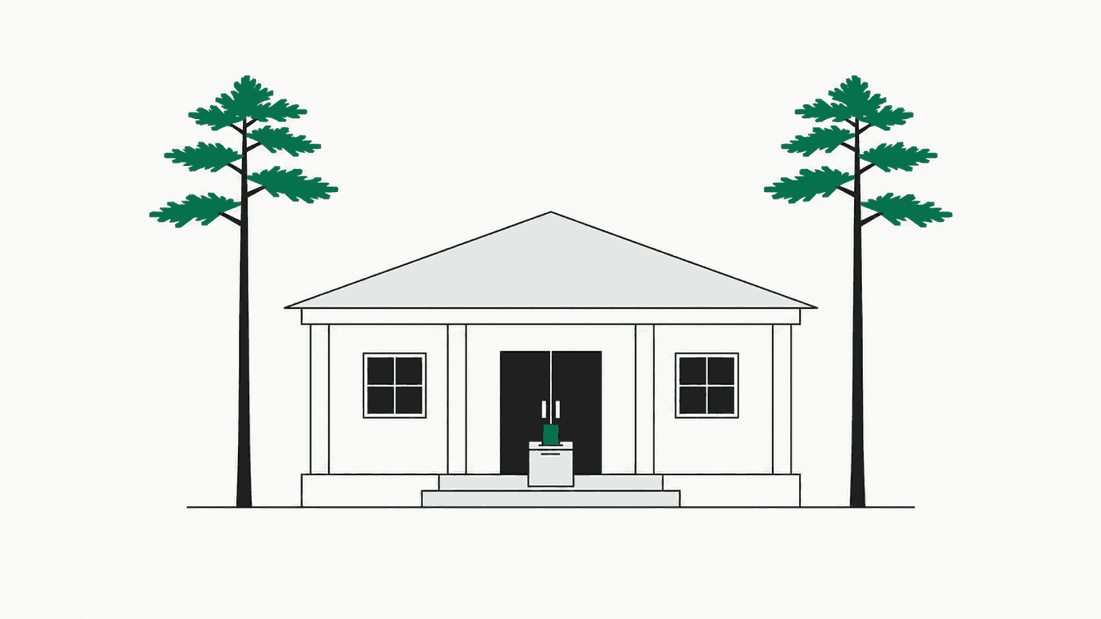 A small community clubhouse with a columned porch, a pine tree on each side, and a ballot box on the steps