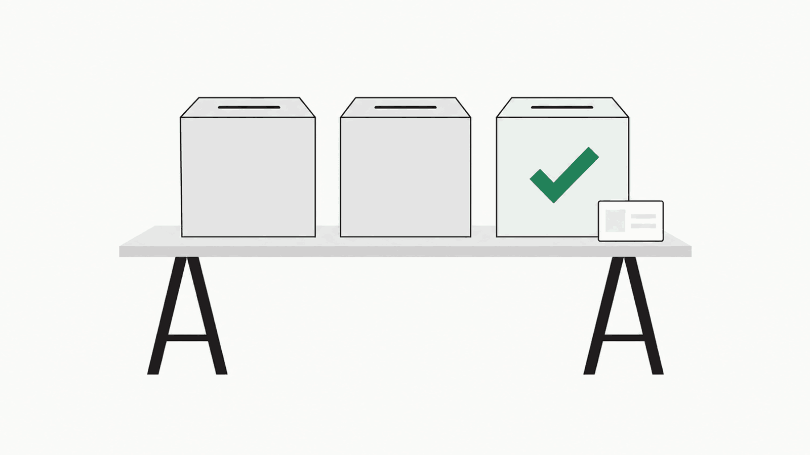 Three ballot boxes in a row on a long table; the third is pale green with a green check mark and has a blank ID card beside it
