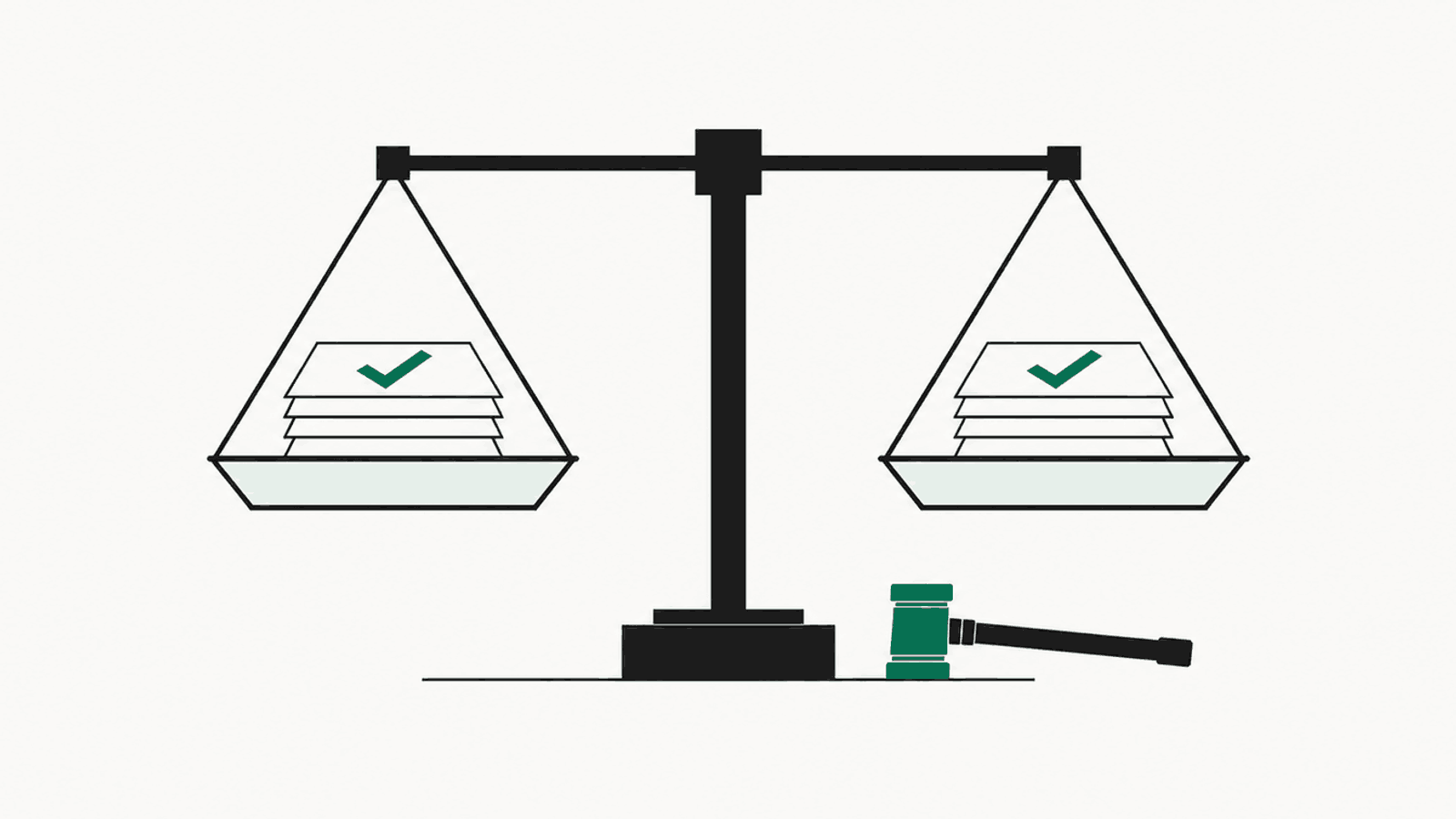 A balance scale held perfectly level with an equal stack of ballots in each pan, and a gavel resting beside it