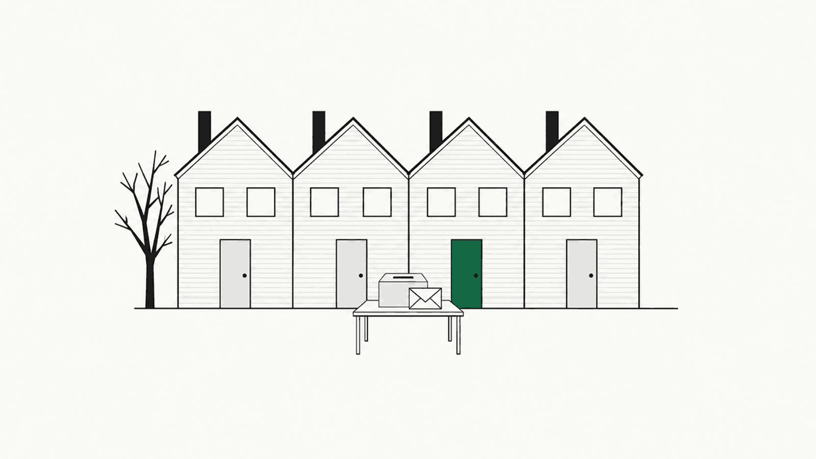 A row of four attached clapboard townhouses behind a sealed ballot envelope on a plain table