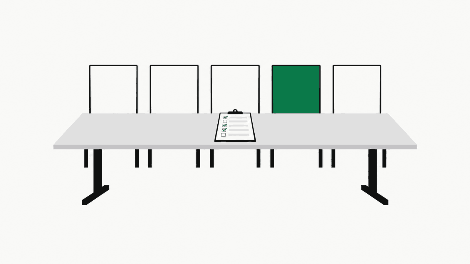 A long board table with five chairs behind it, one of them green, and a clipboard checklist lying on the table
