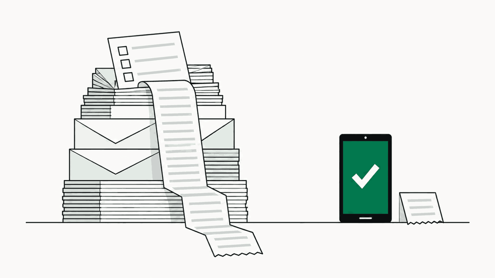 A stack of envelopes and ballots trailing a very long blank receipt, beside a phone with a green screen and a very short receipt