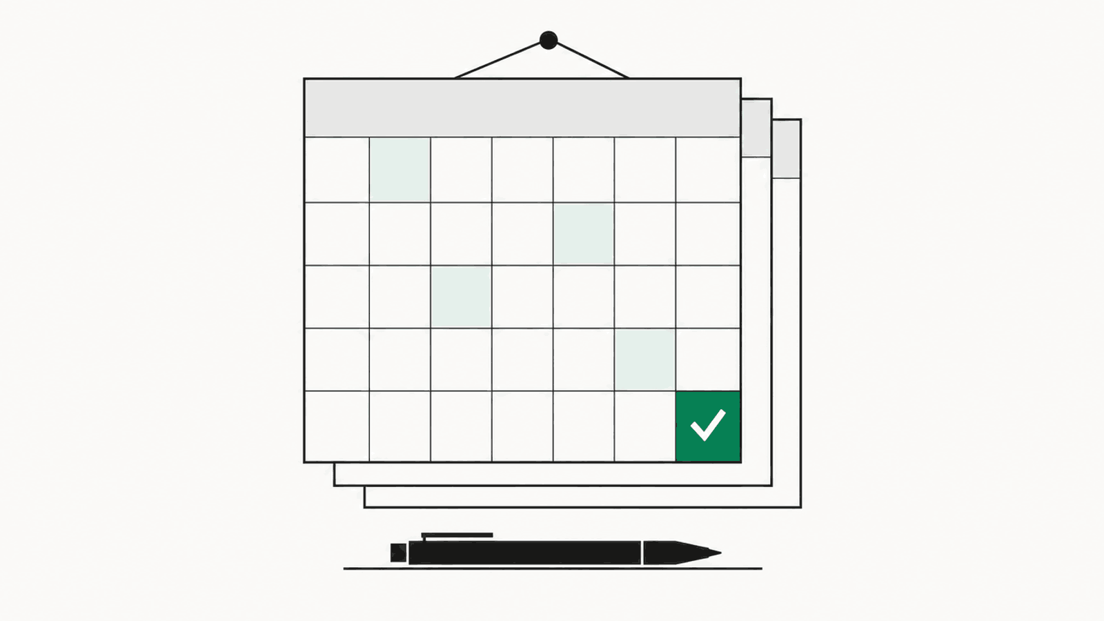 Three wall calendar pages hanging one behind another, a few deadline days marked in pale green and the last day in solid green with a check mark