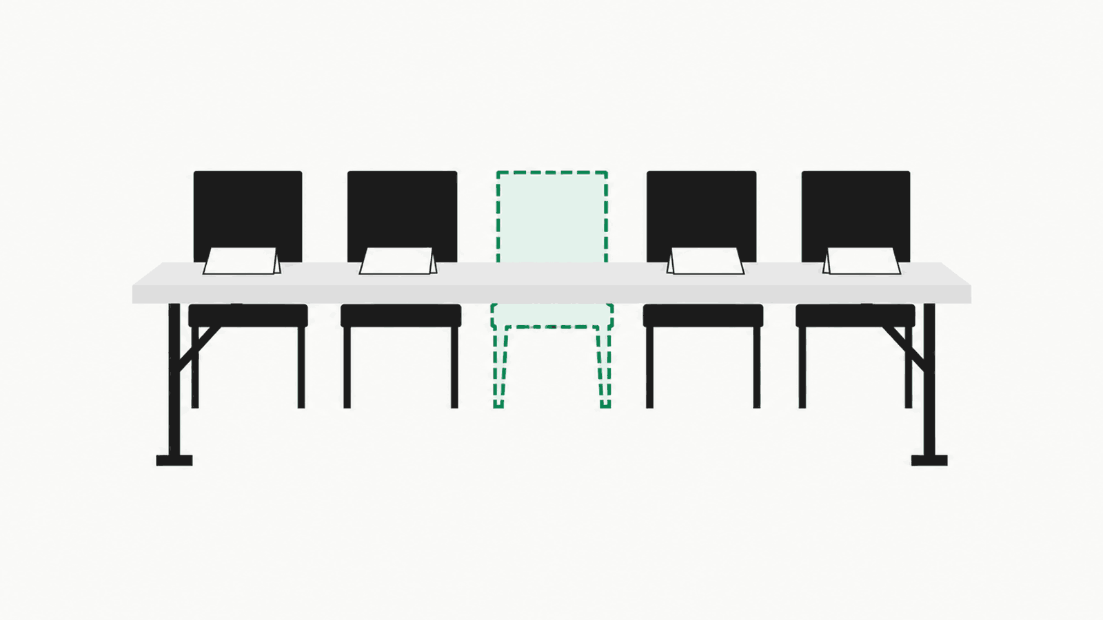 A long board table with four chairs and four blank name cards, and a green dashed outline where the fifth chair should be
