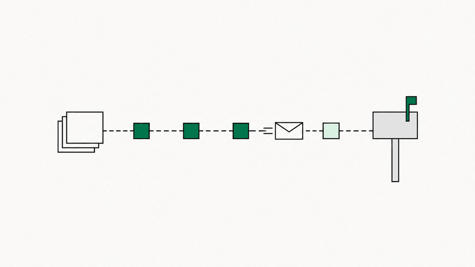 A ballot envelope travelling along a dashed route past three green markers toward a mailbox with its flag raised