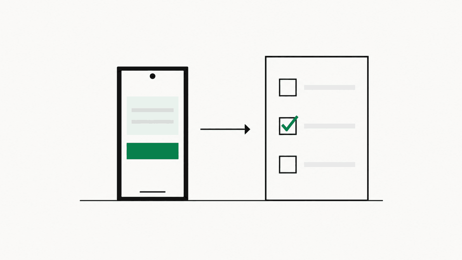A mobile phone showing one message and a green button, with an arrow pointing to a paper ballot with one box checked
