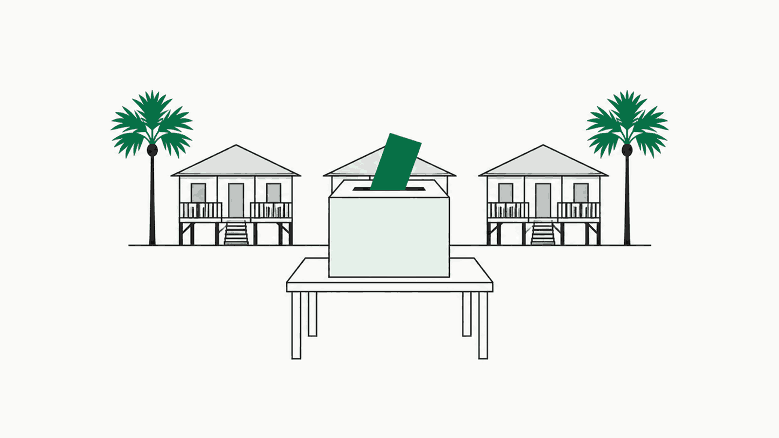 Three raised coastal houses and two palmetto trees behind a ballot box on a plain table