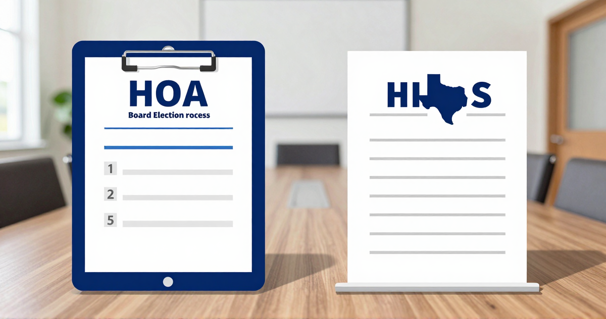 Texas outline over a ballot and statute book, representing Property Code Chapter 209 HOA election requirements