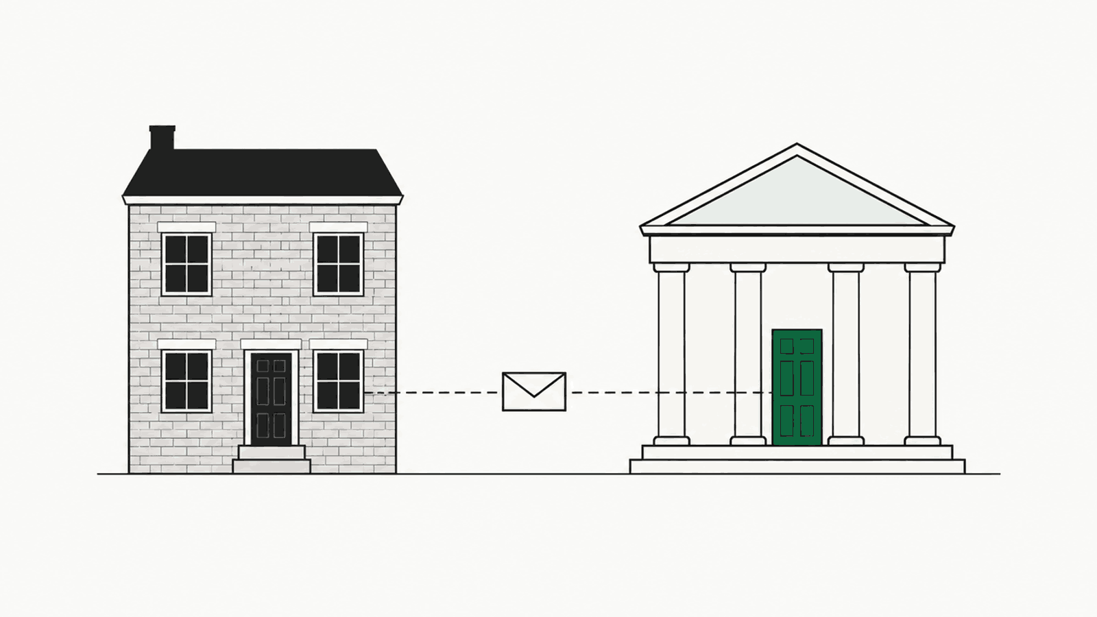 A brick townhouse and a small columned civic building, joined by a dashed line along which a sealed envelope travels to the green door