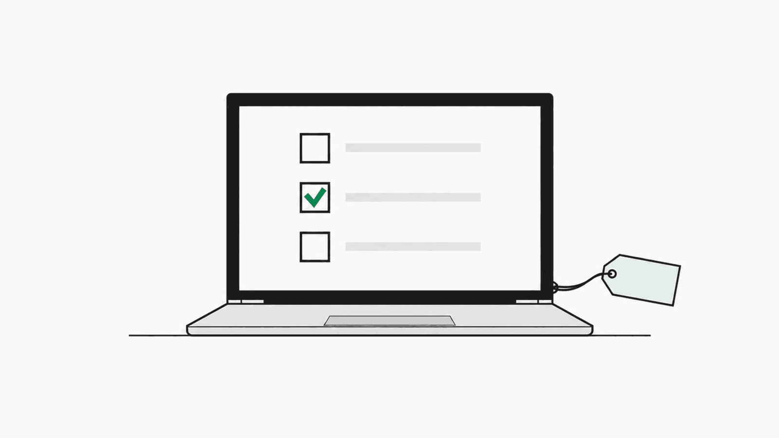 An open laptop showing a blank ballot with one green check, with a blank paper price tag tied to its hinge