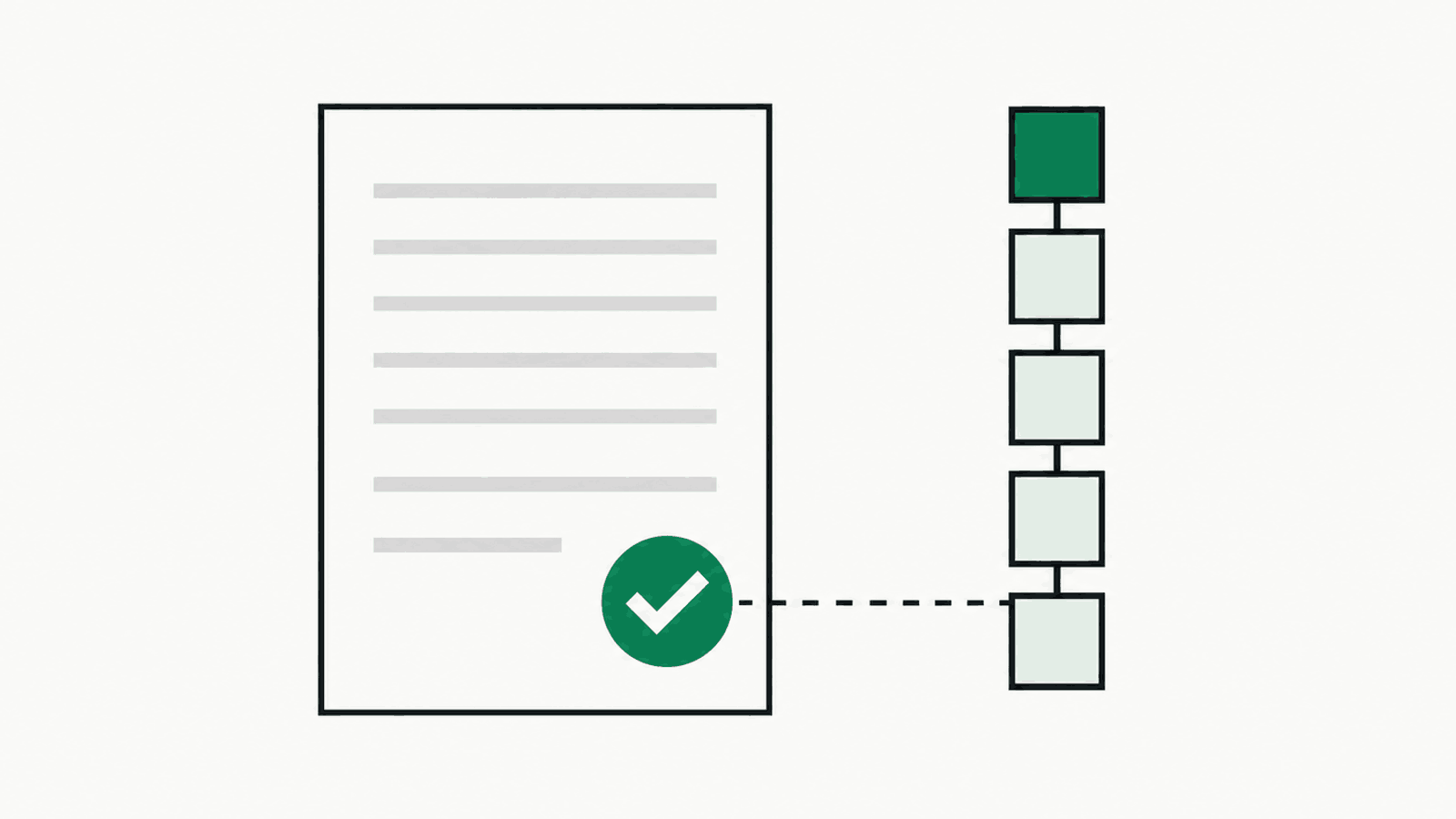 A result certificate with a green seal beside the chain of linked records it rests on