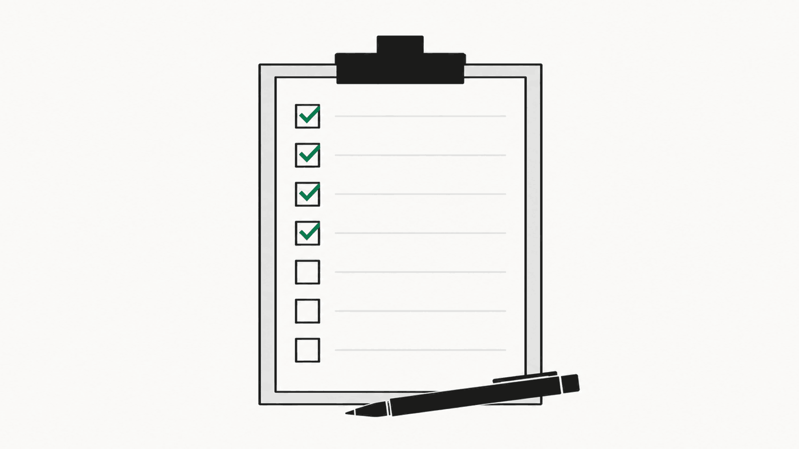 A checklist with its first rows ticked in green and the rest still open