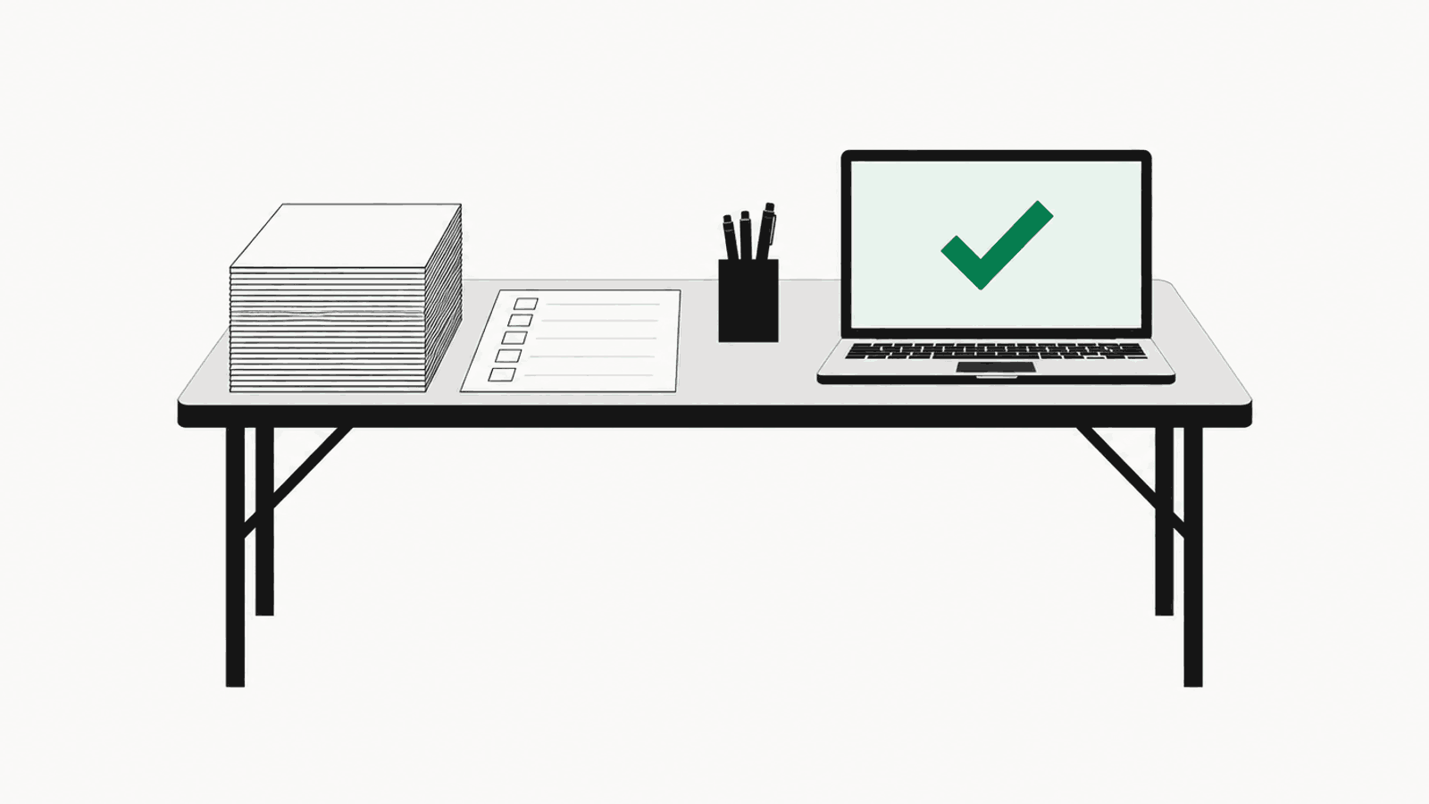 Paper ballots and a ruled tally sheet at one end of the table, a laptop showing a single green check at the other
