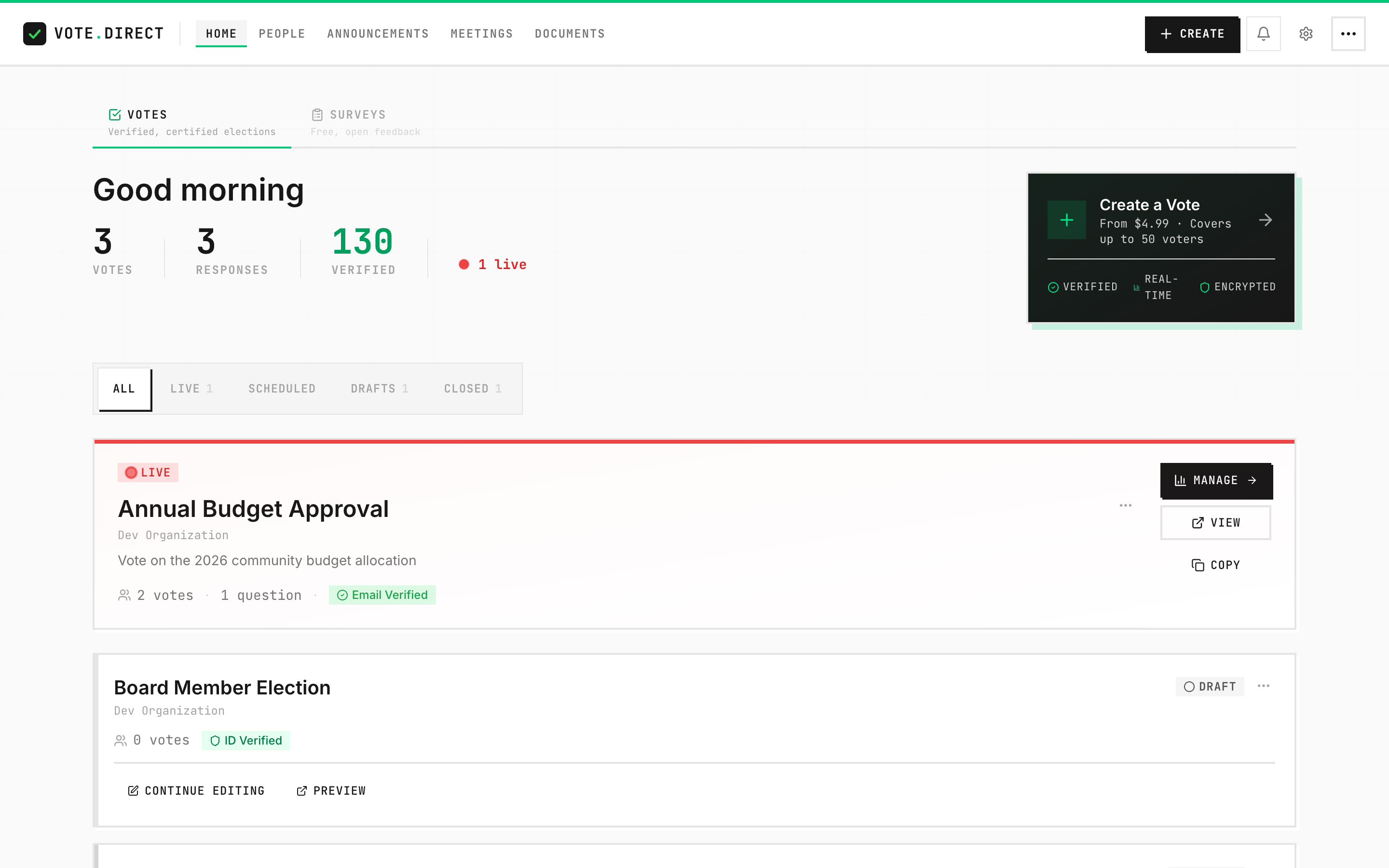 The vote.direct organizer dashboard: a list of election cards, each showing its title, status and vote count, above filters for live, scheduled, draft and closed elections.