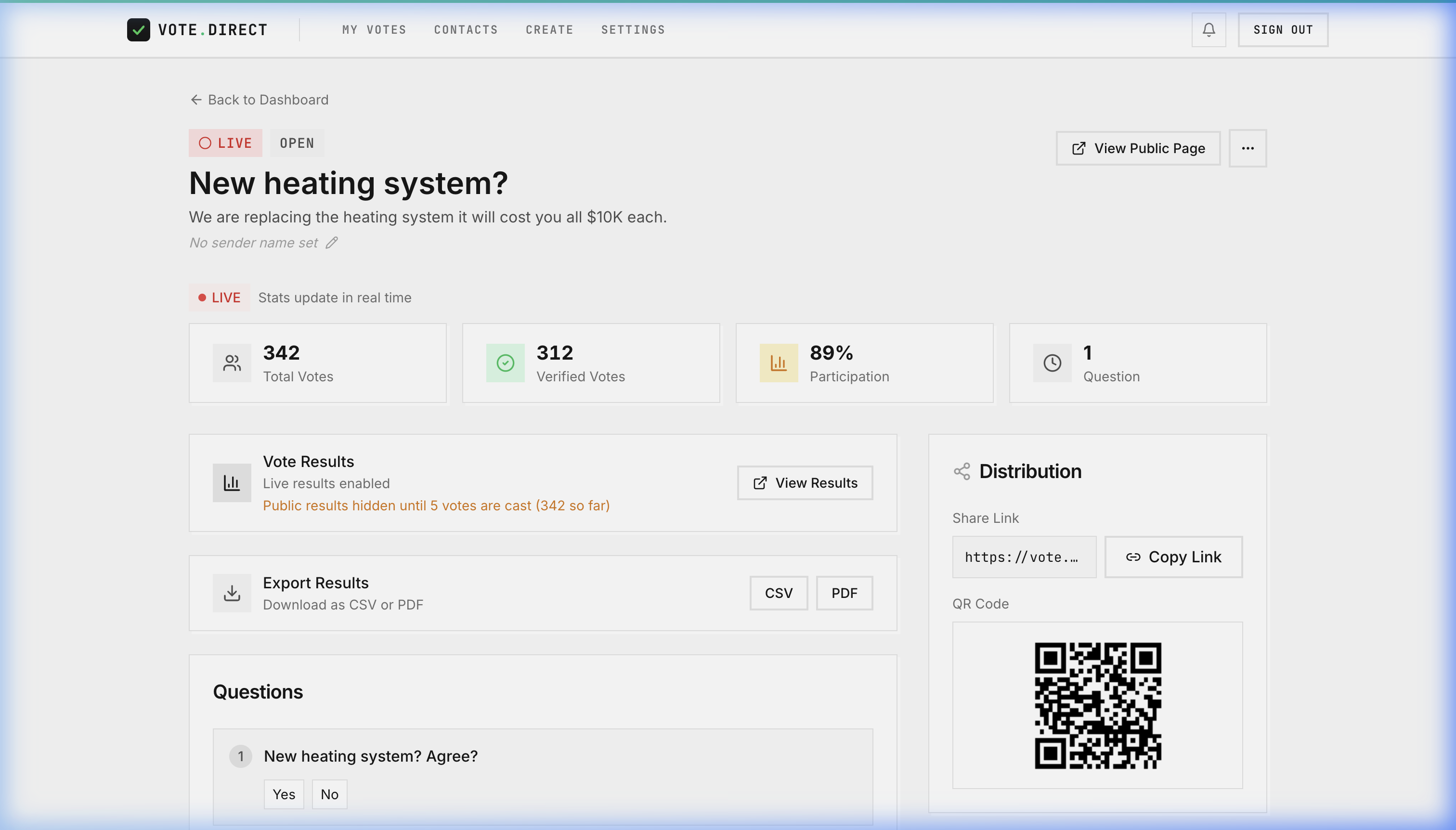 A live election page: vote counts per option, a participation percentage, a QR code for the ballot, and export buttons.