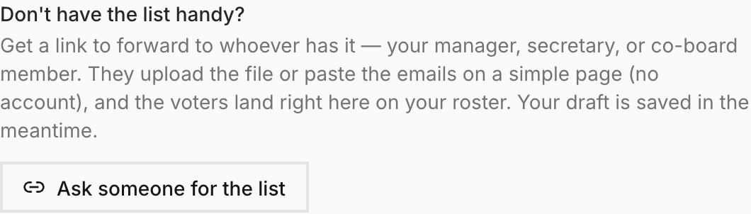 The roster request panel: a generated link to forward to whoever holds the member list, with a copy button and a count of names that have arrived.