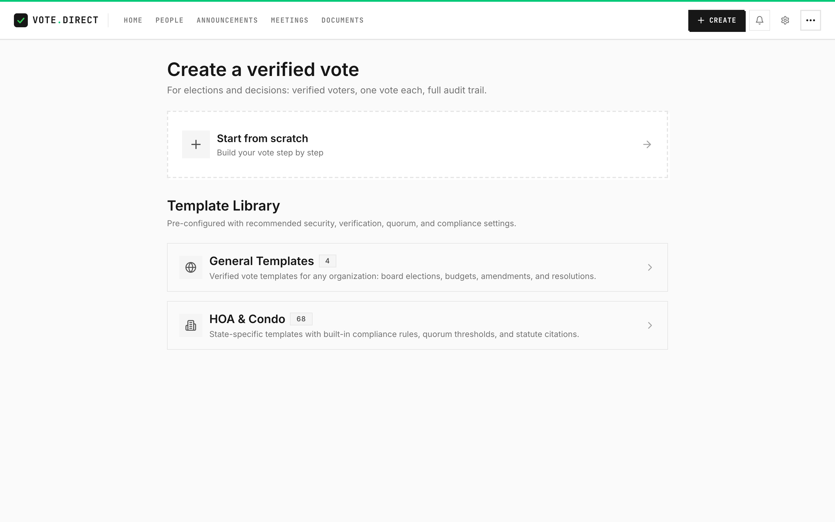 The election template gallery, grouped by state, showing board election, budget approval and amendment templates for each.