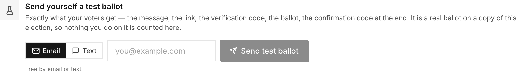 The test ballot panel: buttons to send yourself a test by email, text or mailed packet, and a list of tests already sent with their confirmation codes.