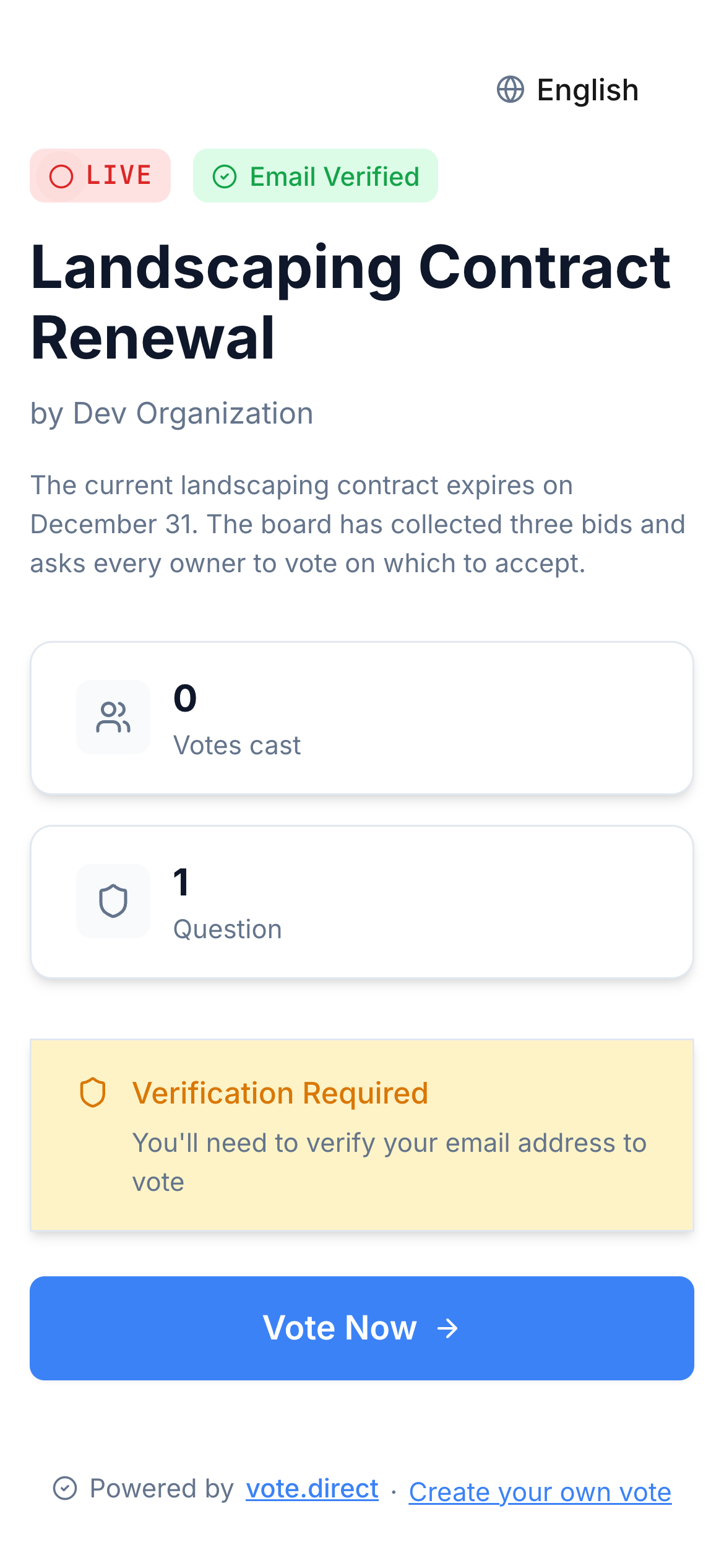 A live vote.direct ballot at phone width, showing a question and its answer options.