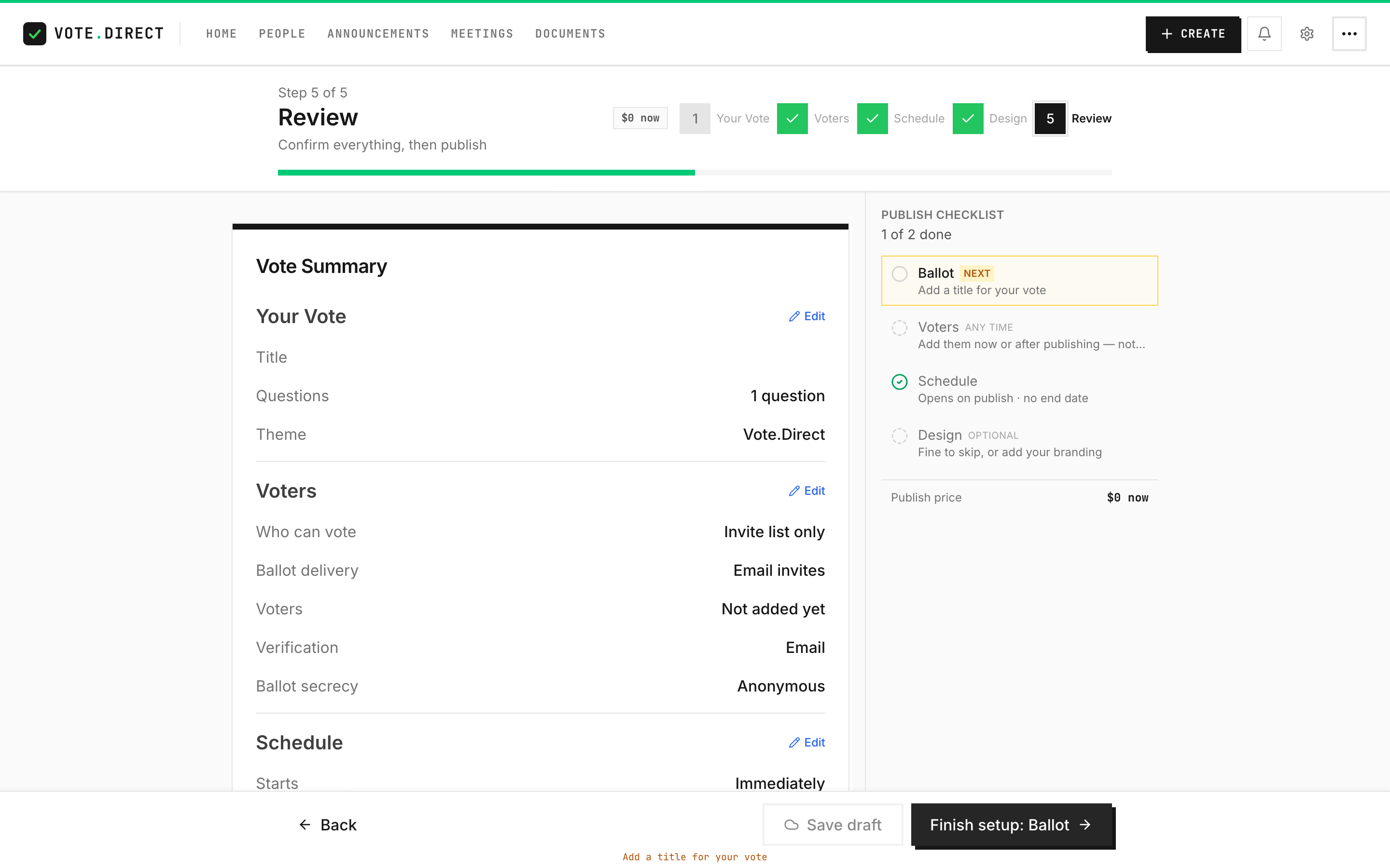 Step 5 of the create wizard: a review of the ballot, roster, schedule and verification, with the publish button.